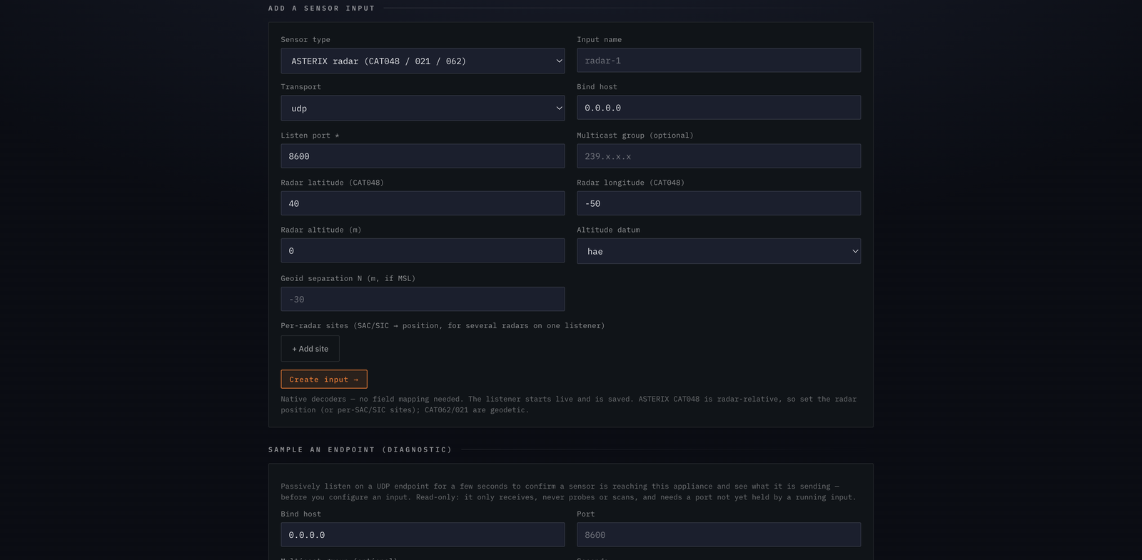 AtlasBridge add-sensor-input form with sensor type set to ASTERIX radar, transport and port fields, radar latitude, longitude and altitude, an altitude datum selector, geoid separation field, and a passive endpoint sampling diagnostic below.