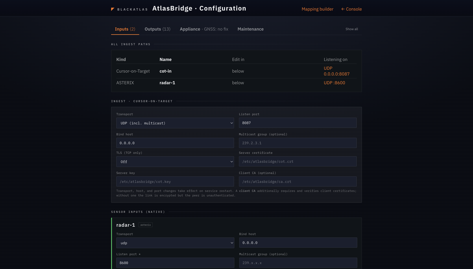 AtlasBridge configuration page listing all ingest paths with kind, name and listening address, followed by a Cursor-on-Target ingest form with transport, port, bind host, multicast group and TLS certificate fields.
