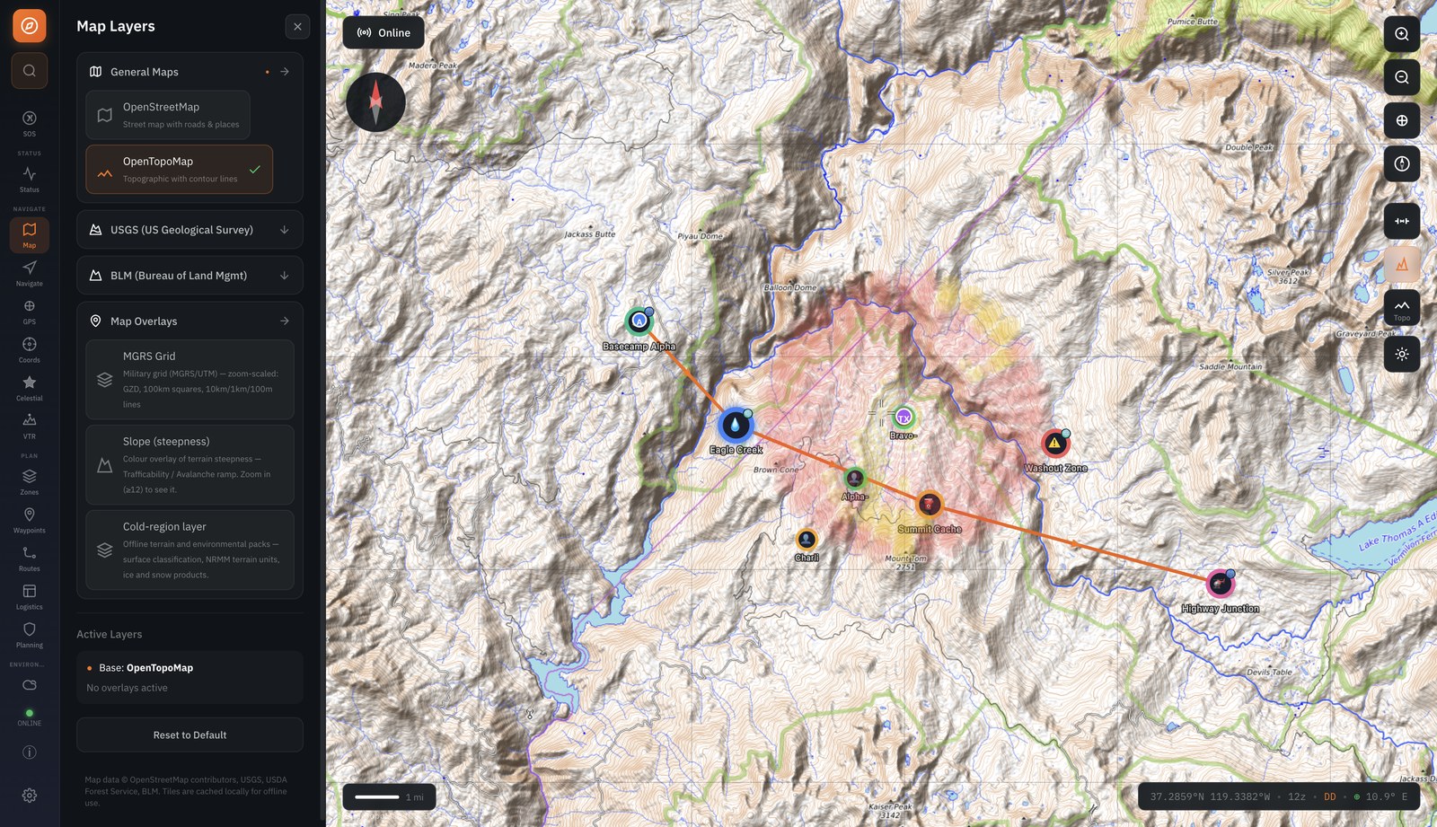 GridDown Maps showing a topographic basemap with contour lines, an operational route between named waypoints, team member markers, a hazard zone, and a map-layers panel listing OpenStreetMap, OpenTopoMap, USGS and BLM sources plus MGRS grid, slope and cold-region overlays.