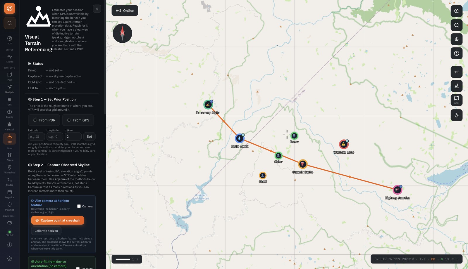 GridDown Maps Visual Terrain Referencing panel with a status readout for prior position, captured skyline and elevation grid, a step to set the prior position from dead reckoning or GPS with an uncertainty radius, and a step to capture horizon points by camera or device orientation.