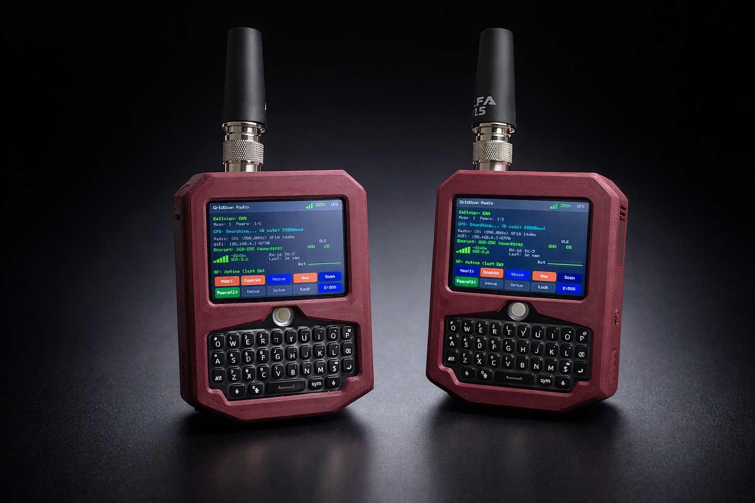Two GridDown Secure Messenger units showing the GridDown Radio main dashboard with mesh network status, RF scanning, and navigation controls