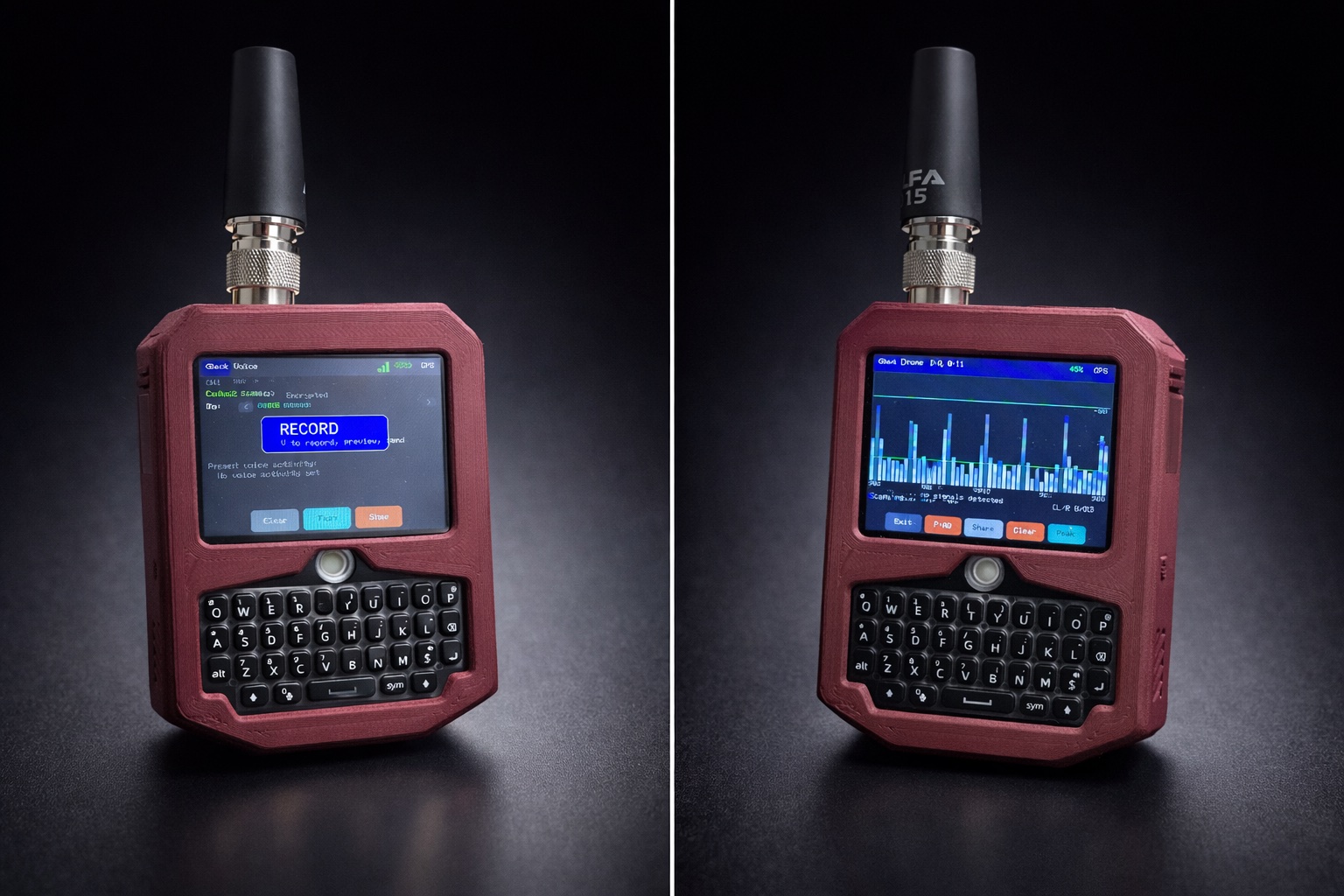 GridDown Secure Messenger showing encrypted voice recording interface and 900 MHz drone scanner spectrum display